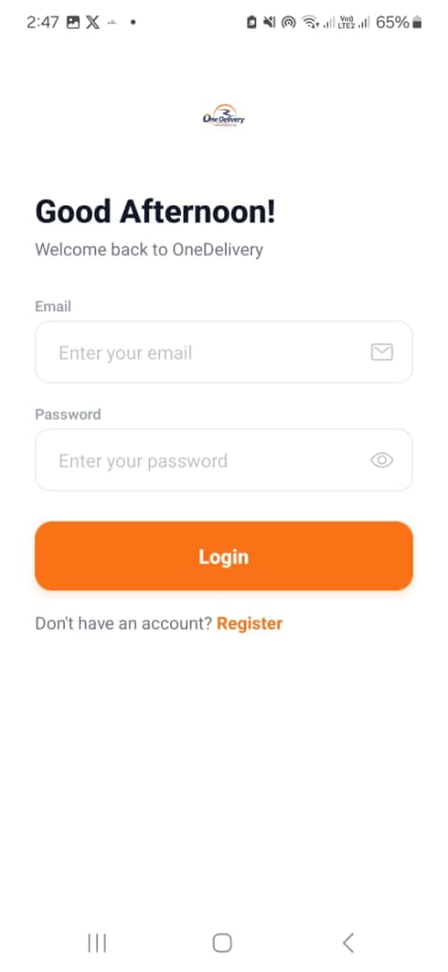 One Delivery login screen