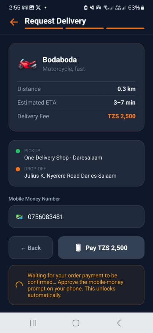 One Delivery request delivery screen