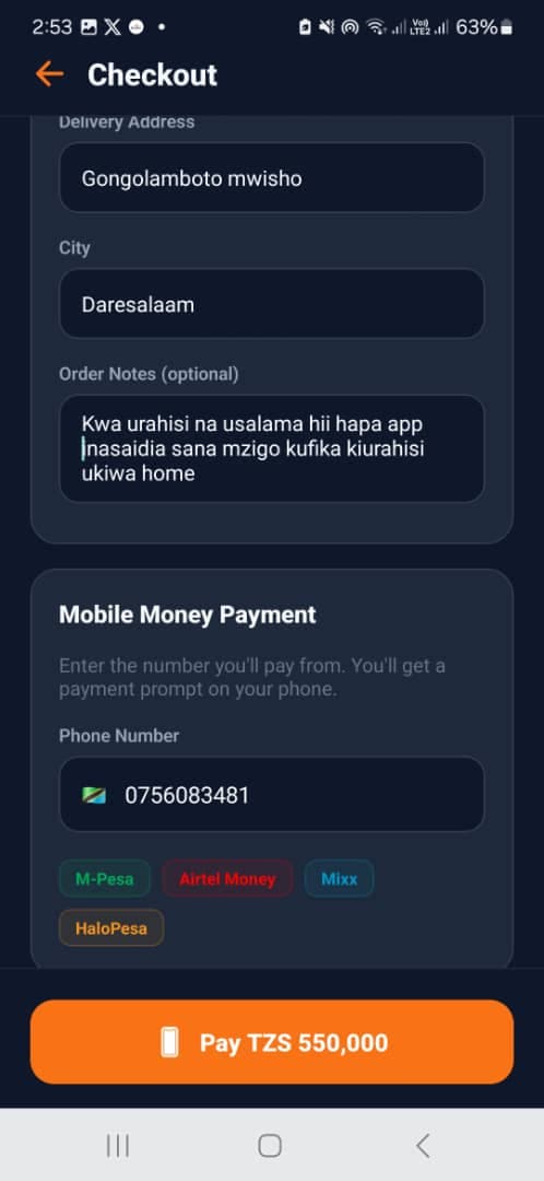 One Delivery mobile money checkout